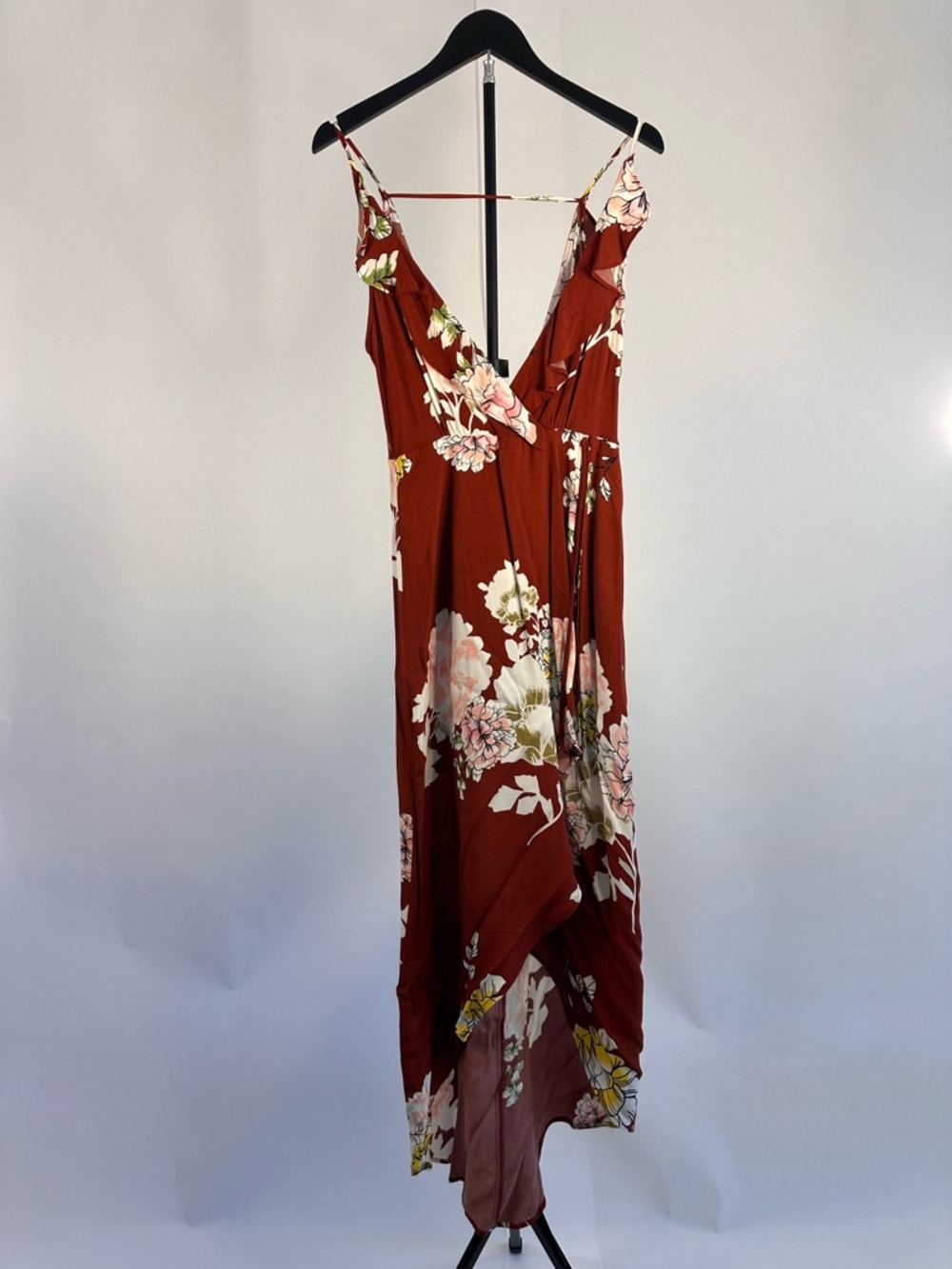 ASTR the Label Lucia Ruffle Floral High-Low Midi Dress Burgundy